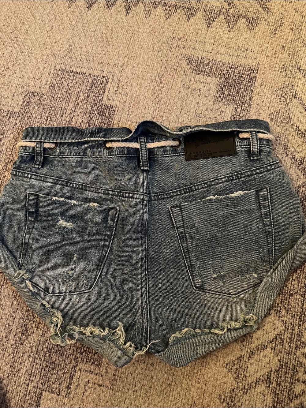 One Teaspoon Distressed Dark Blue Denim Jean Shorts with Rope Drawstring - Picture 2 of 2